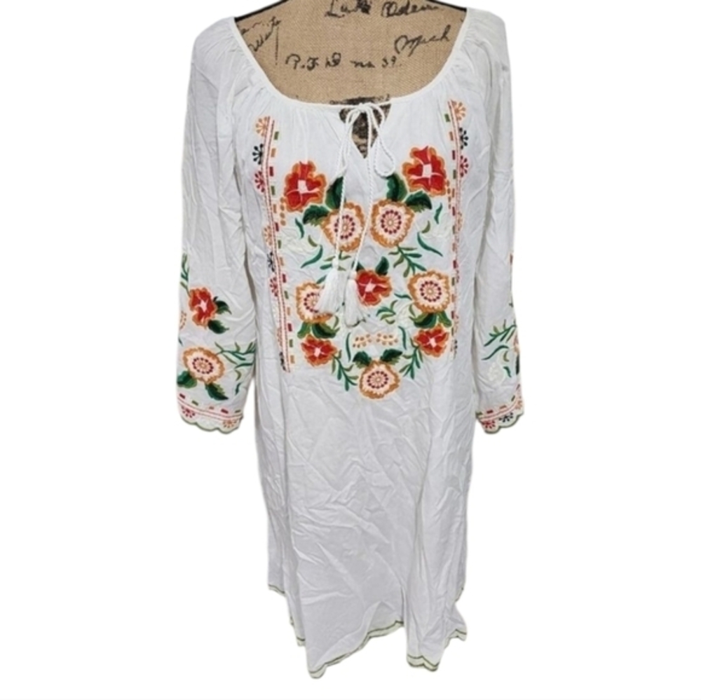 Chic Conn Embroidered Dress Floral Peasant Tunic Boho Hippie White Dress Size 3X